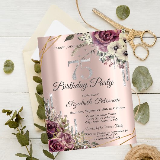 Invitation Parties scintillant Rose Gold Floral 75e anniversa