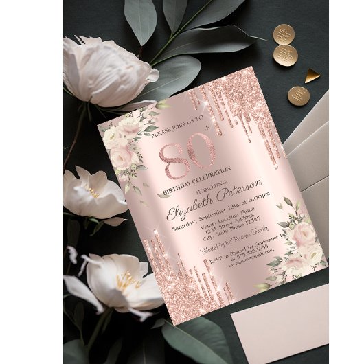 Invitation Parties scintillant Rose Gold Floral 80e anniversa