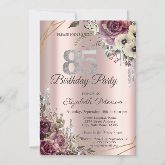 Invitation Parties scintillant Rose Gold Floral 85e anniversa (Devant)