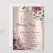 Invitation Parties scintillant Rose Gold Floral 90e anniversa (Devant)