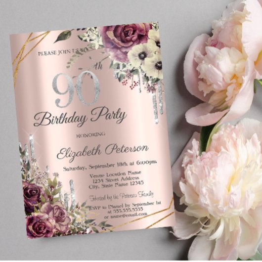 Invitation Parties scintillant Rose Gold Floral 90e anniversa