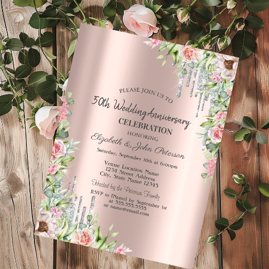Invitation Parties scintillant Rose Gold Floral Mariage Anniv