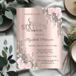 Invitation Parties scintillant Rose Gold Floral Sweet 16<br><div class="desc">Un Sweet 16 moderne,  chic et glamour avec parties scintillant goutte sur un arrière - plan or rose.</div>