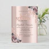 Invitation Parties scintillant Rose Gold Floral Sweet 16 (Debout devant)
