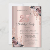 Invitation Parties scintillant Rose Gold Flowers 25e annivers (Devant)
