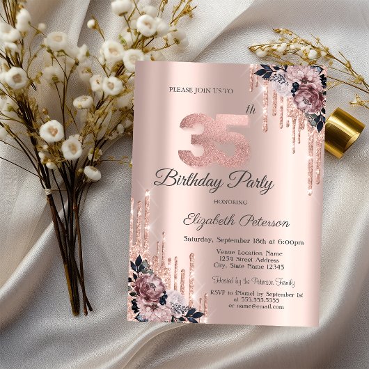 Invitation Parties scintillant Rose Gold Flowers 35e annivers