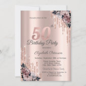Invitation Parties scintillant Rose Gold Flowers 50e annivers (Devant)