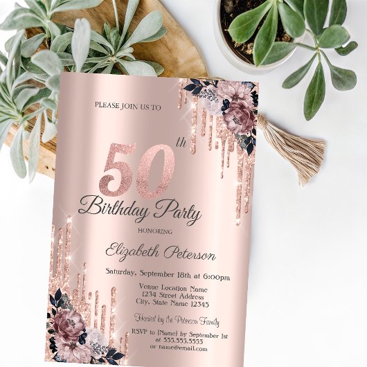 Invitation Parties scintillant Rose Gold Flowers 50e annivers