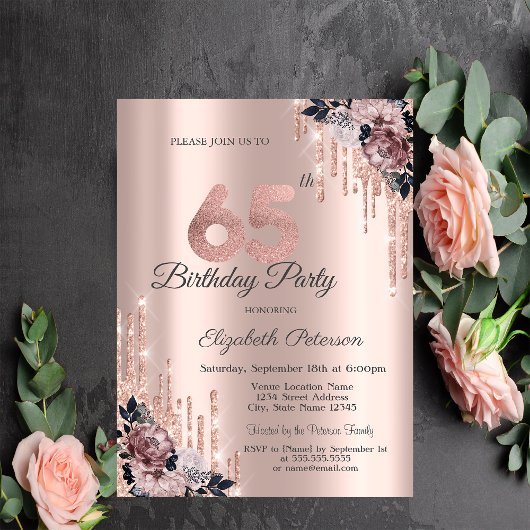 Invitation Parties scintillant Rose Gold Flowers 65e annivers