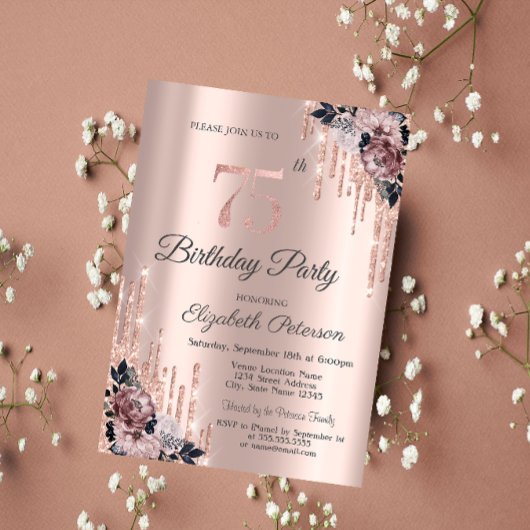 Invitation Parties scintillant Rose Gold Flowers 75e annivers