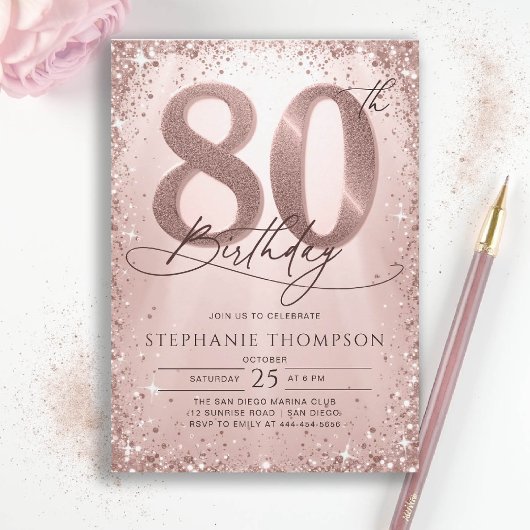 Invitation Parties scintillant Rose Gold Glam Calligraphie 80