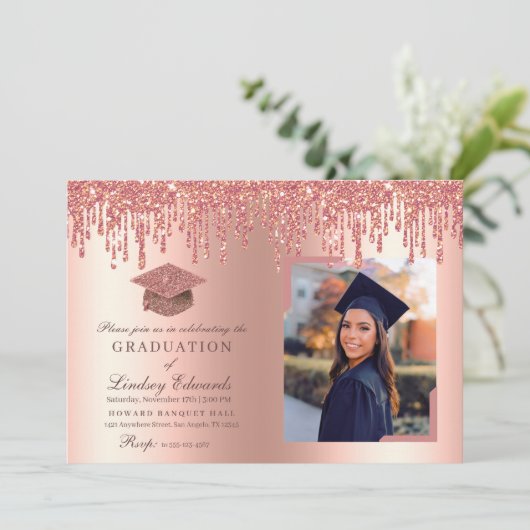 Invitation Parties scintillant Rose Gold Graduation Photo (Debout devant)