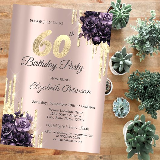 Invitation Parties scintillant Rose Gold Purple Roses 60e