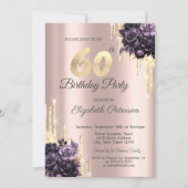 Invitation Parties scintillant Rose Gold Purple Roses 60e (Devant)