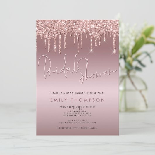 Invitation Parties scintillant Rose Gold Script Fête des mar (Debout devant)