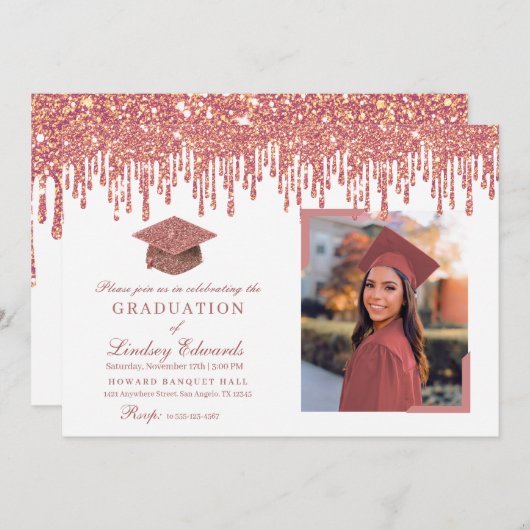 Invitation Parties scintillant Rose Gold & White Graduation P (Devant / Derrière)