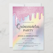Invitation Parties scintillant rose gouttes arc-en-ciel Holog (Devant)
