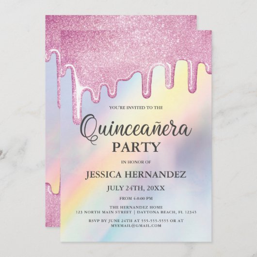 Invitation Parties scintillant rose gouttes arc-en-ciel Holog (Devant / Derrière)