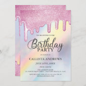 Invitation Parties scintillant rose gouttes arc-en-ciel Holog (Devant / Derrière)