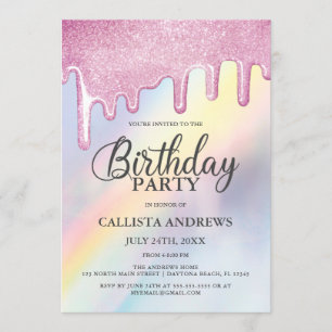 Invitation Parties scintillant rose gouttes arc-en-ciel Holog