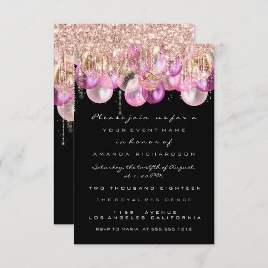 Invitation Parties scintillant rose gouttes Rose Confetti nup (Devant / Derrière)