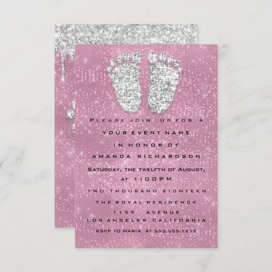 Invitation Parties scintillant  Rose Gris bébé fille Douche p (Devant / Derrière)
