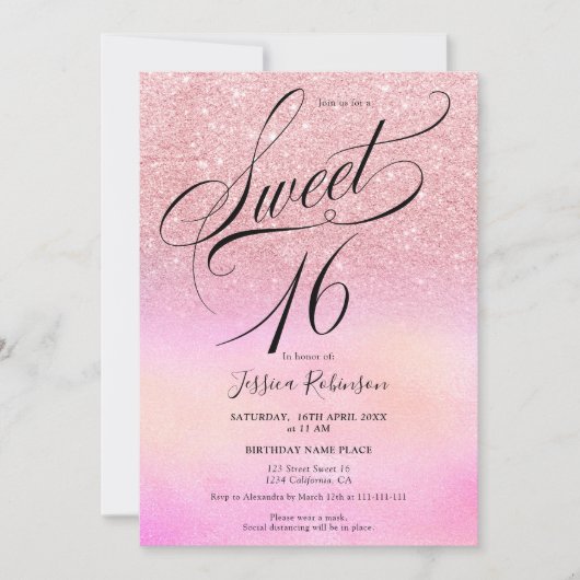 Invitation parties scintillant rose holographique script chic (Devant)
