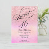 Invitation parties scintillant rose holographique script chic (Debout devant)