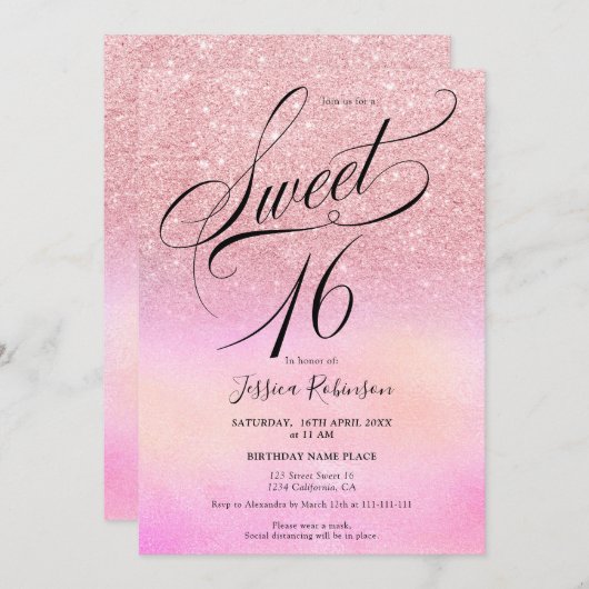 Invitation parties scintillant rose holographique script chic (Devant / Derrière)