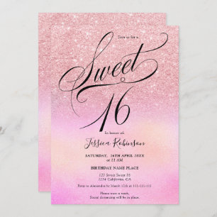 Invitation parties scintillant rose holographique script chic