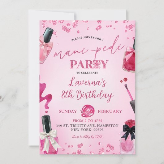 Invitation Parties scintillant rose Mani-Pedi fête d'annivers (Devant)