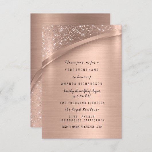 Invitation Parties scintillant rose métal or Douce nuptiale 1 (Devant / Derrière)