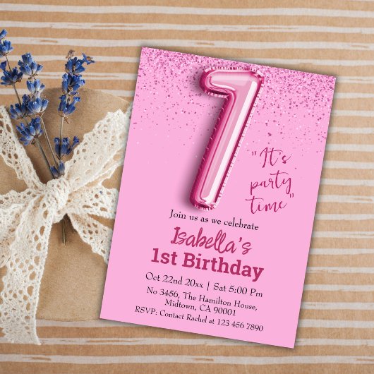 Invitation Parties scintillant rose mignon ballon no.1 girly 