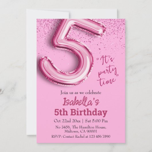 Invitation Parties scintillant rose mignon ballon no.5 girly (Devant)