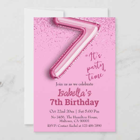 Invitation Parties scintillant rose mignon ballon no.7 girly  (Devant)