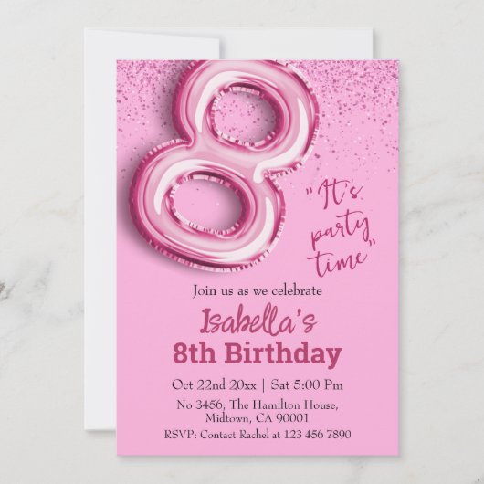 Invitation Parties scintillant rose mignon ballon no.8 girly  (Devant)