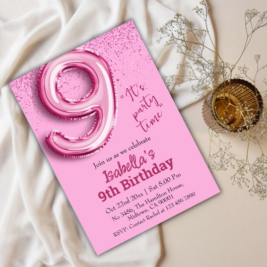 Invitation Parties scintillant rose mignon ballon no.9 girly