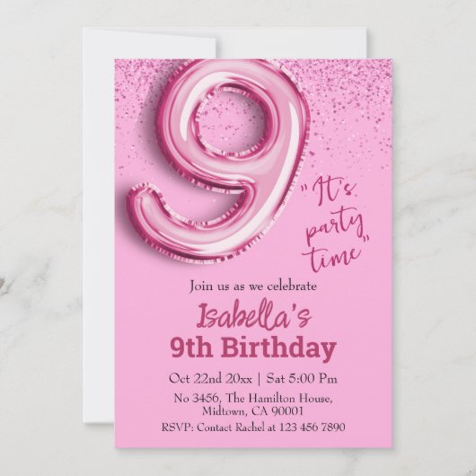 Invitation Parties scintillant rose mignon ballon no.9 girly  (Devant)