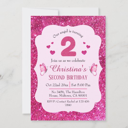 Invitation Parties scintillant rose mignon brillant 2e annive (Devant)