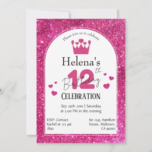 Invitation Parties scintillant rose mignon éclatant 12e anniv (Devant)