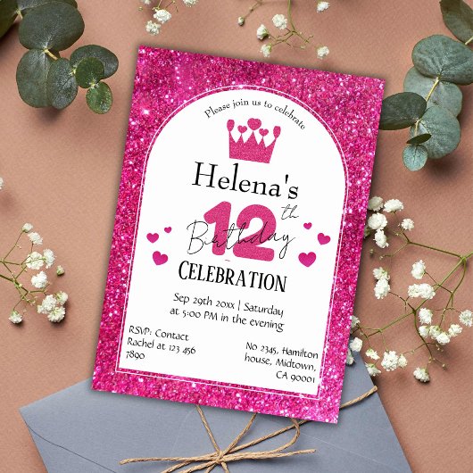 Invitation Parties scintillant rose mignon éclatant 12e anniv