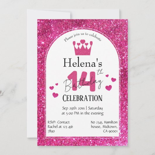 Invitation Parties scintillant rose mignon éclatant 14e anniv (Devant)