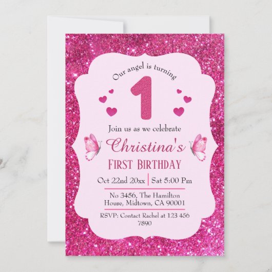 Invitation Parties scintillant rose mignon éclatant 1er anniv (Devant)