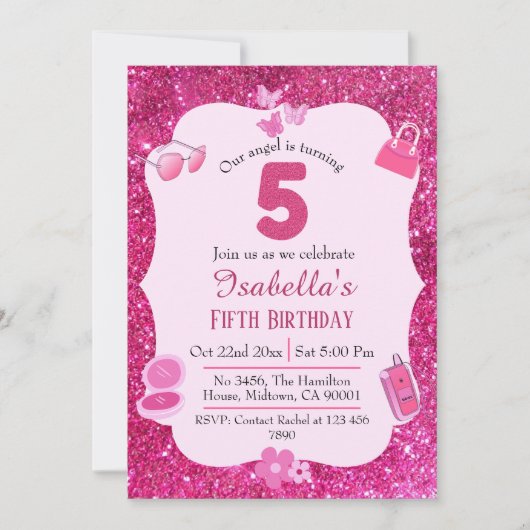 Invitation Parties scintillant rose mignon éclatant 5e annive (Devant)