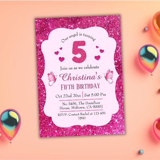 Invitation Parties scintillant rose mignon éclatant 5e annive
