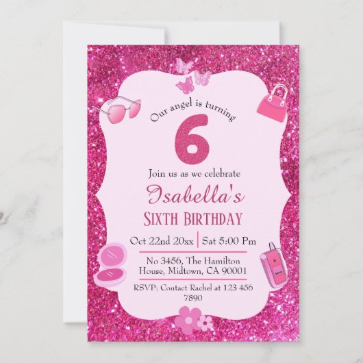 Invitation Parties scintillant rose mignon pétillant 6e anniv (Devant)