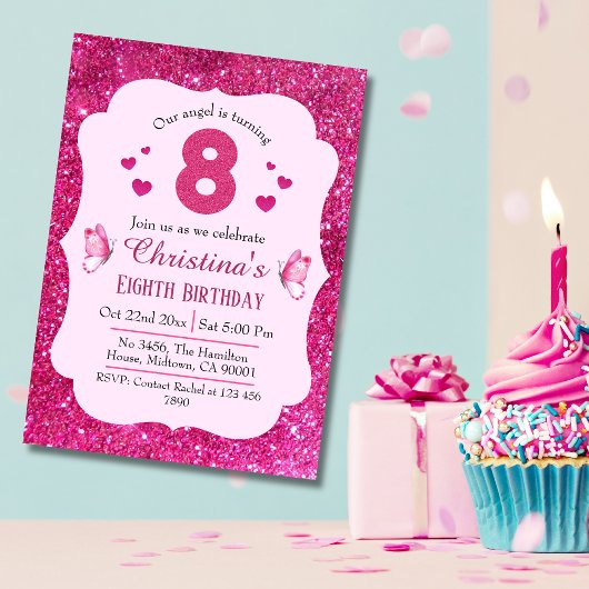 Invitation Parties scintillant rose mignon pétillant 8e anniv