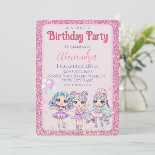 Invitation Parties scintillant rose mignonne Poupées Fête d'a (Debout devant)