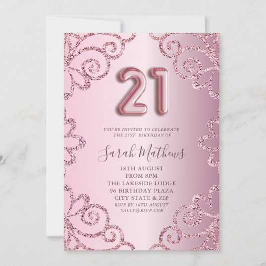 Invitation Parties scintillant rose moderne 21e anniversaire (Devant)