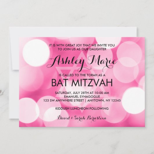 Invitation Parties scintillant rose moderne Bat mitzvah (Devant)